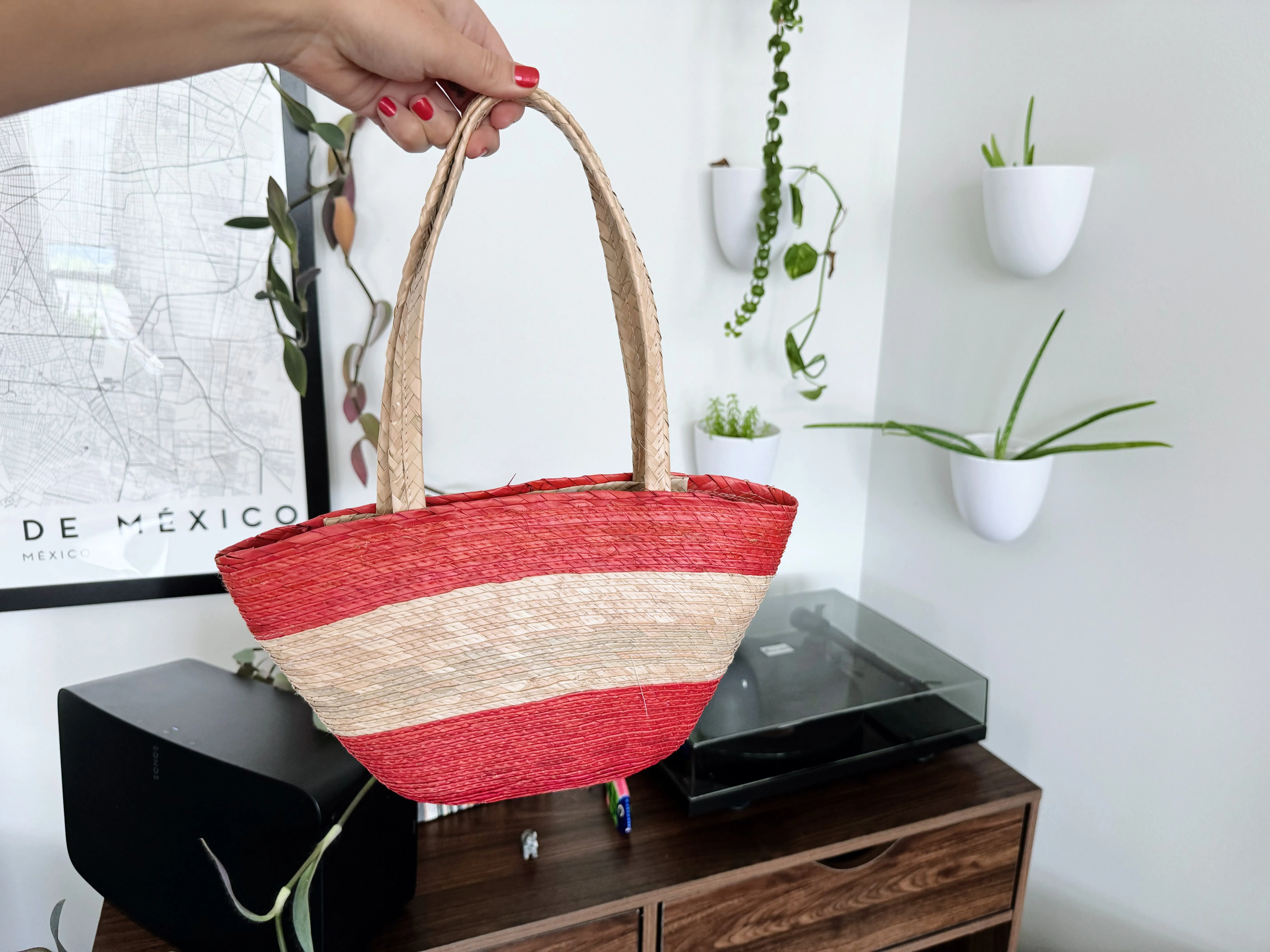 Palm straw purse - red and whit