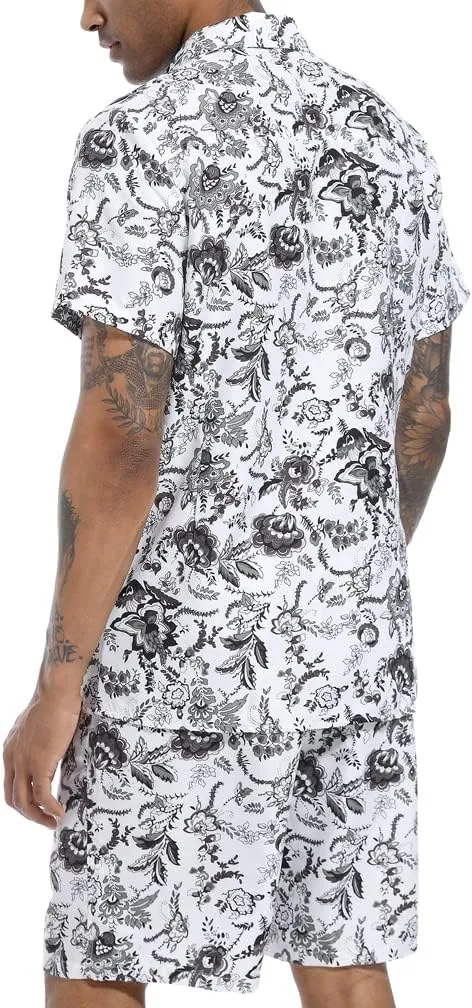 PASOK Men's Floral 2 Piece Tracksuit Casual Button Down Short Sleeve Hawaiian Shirt and Shorts Suit