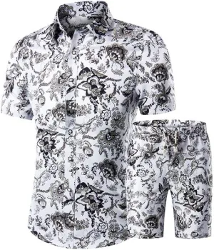 PASOK Men's Floral 2 Piece Tracksuit Casual Button Down Short Sleeve Hawaiian Shirt and Shorts Suit