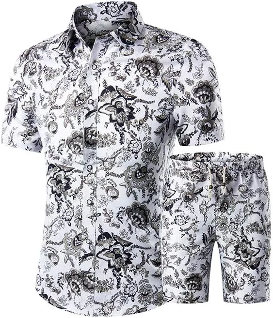 PASOK Men's Floral 2 Piece Tracksuit Casual Button Down Short Sleeve Hawaiian Shirt and Shorts Suit