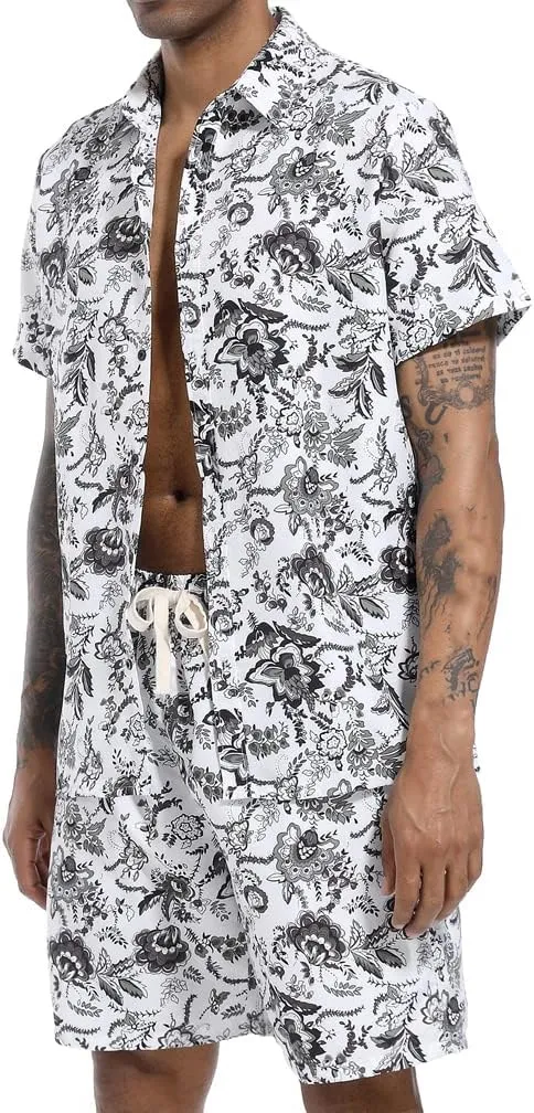 PASOK Men's Floral 2 Piece Tracksuit Casual Button Down Short Sleeve Hawaiian Shirt and Shorts Suit