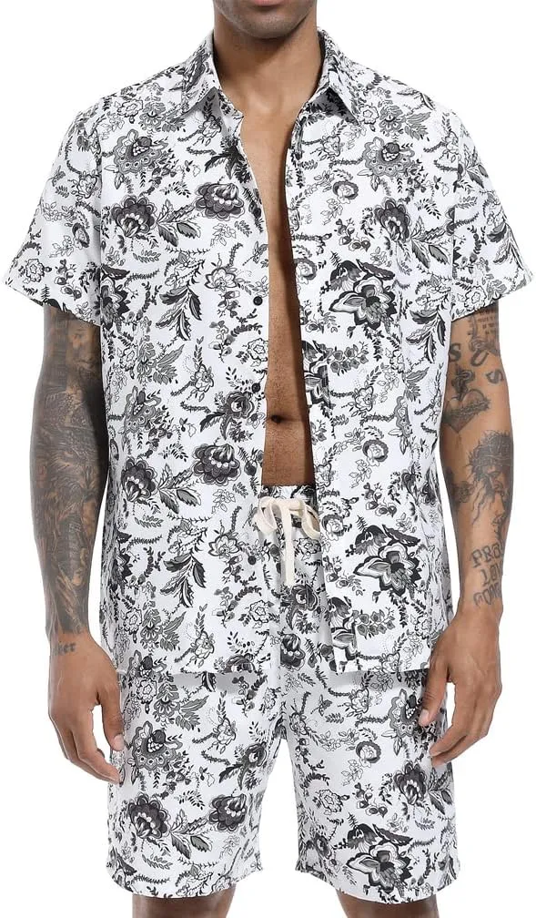 PASOK Men's Floral 2 Piece Tracksuit Casual Button Down Short Sleeve Hawaiian Shirt and Shorts Suit