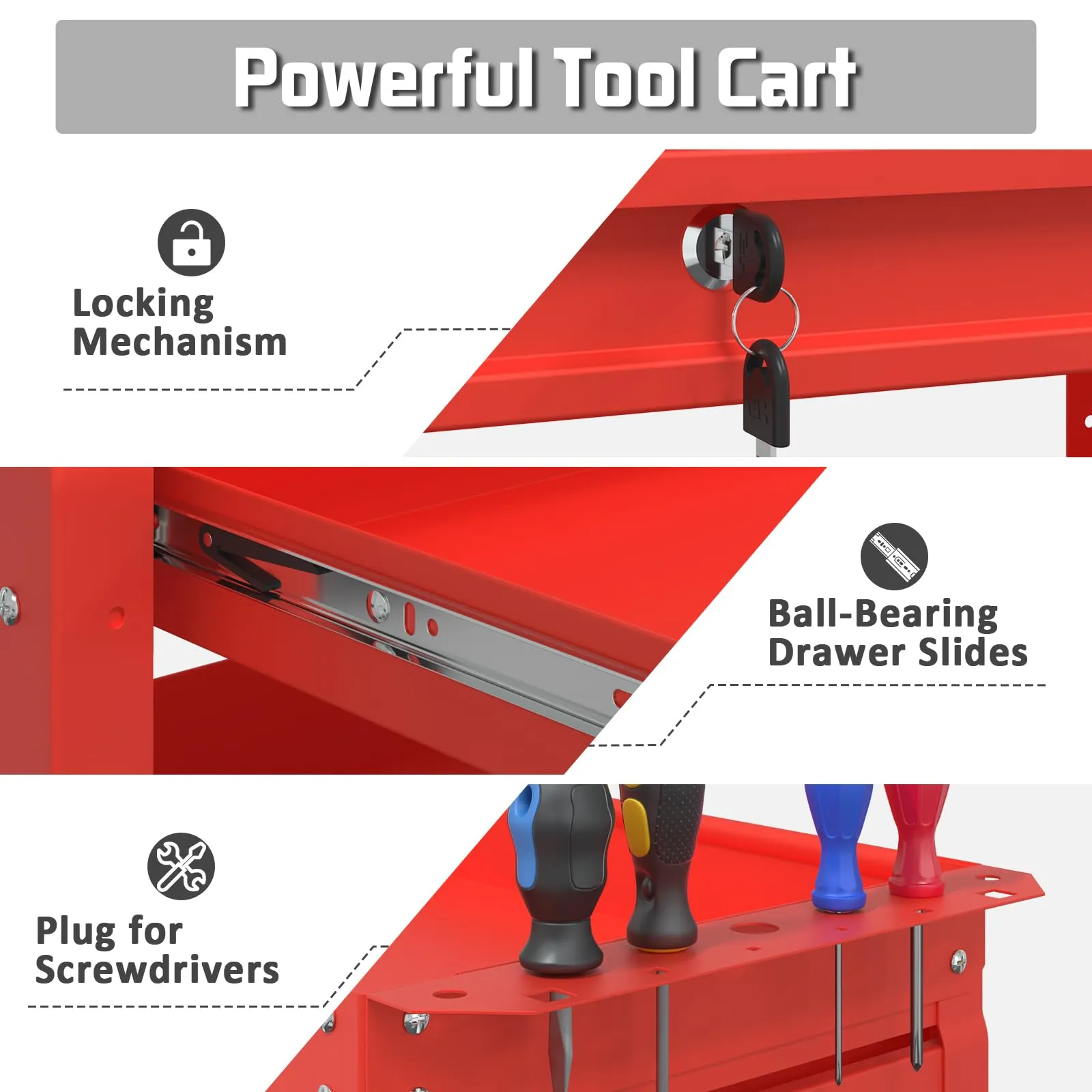 Pelnuies 3 Tray Tool Cart with Drawers, 400 LBS Capacity Rolling Tool Cart on Wheels, Heavy Duty Utility Cart with Pegboard, Mechanic Tool Storage Cart for Garage, Warehouse and Repair Shop, Red
