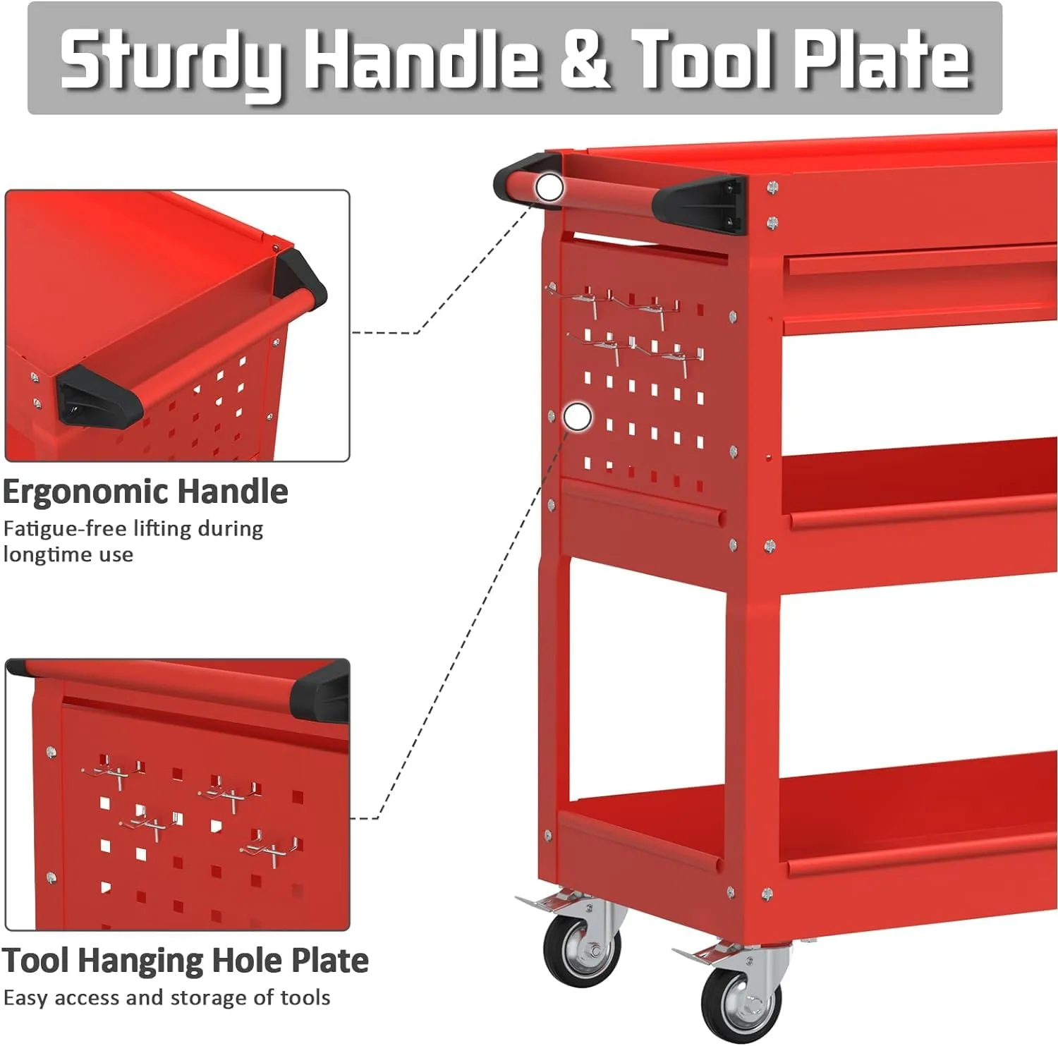 Pelnuies 3 Tray Tool Cart with Drawers, 400 LBS Capacity Rolling Tool Cart on Wheels, Heavy Duty Utility Cart with Pegboard, Mechanic Tool Storage Cart for Garage, Warehouse and Repair Shop, Red