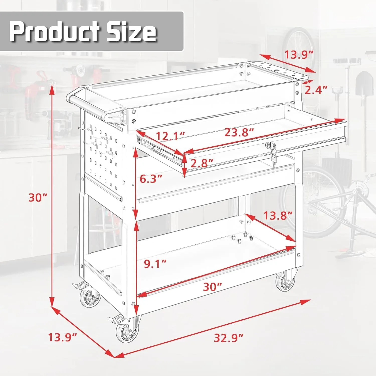 Pelnuies 3 Tray Tool Cart with Drawers, 400 LBS Capacity Rolling Tool Cart on Wheels, Heavy Duty Utility Cart with Pegboard, Mechanic Tool Storage Cart for Garage, Warehouse and Repair Shop, Red