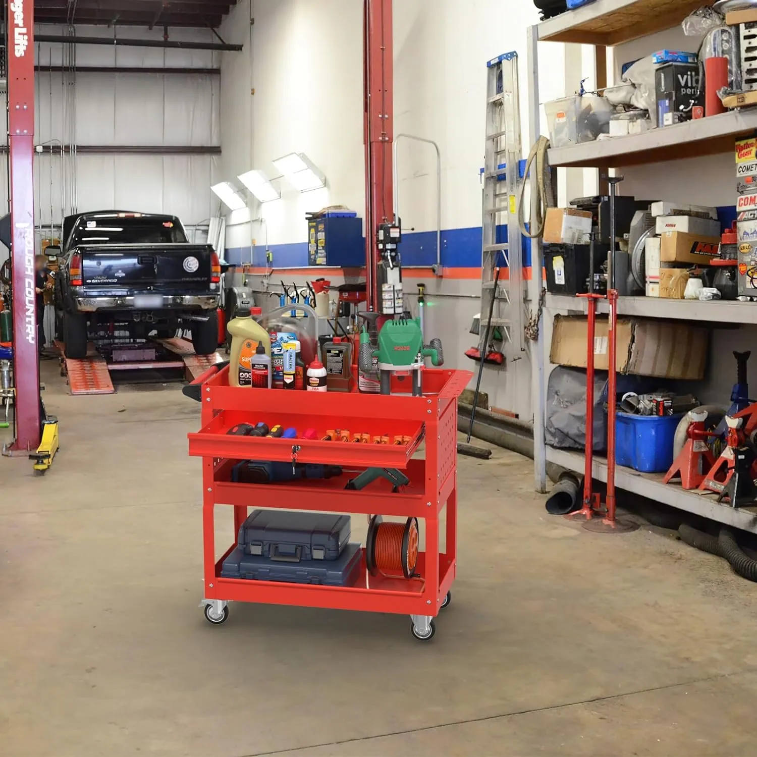 Pelnuies 3 Tray Tool Cart with Drawers, 400 LBS Capacity Rolling Tool Cart on Wheels, Heavy Duty Utility Cart with Pegboard, Mechanic Tool Storage Cart for Garage, Warehouse and Repair Shop, Red