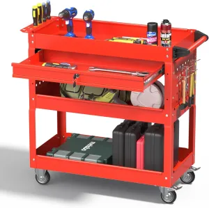 Pelnuies 3 Tray Tool Cart with Drawers, 400 LBS Capacity Rolling Tool Cart on Wheels, Heavy Duty Utility Cart with Pegboard, Mechanic Tool Storage Cart for Garage, Warehouse and Repair Shop, Red