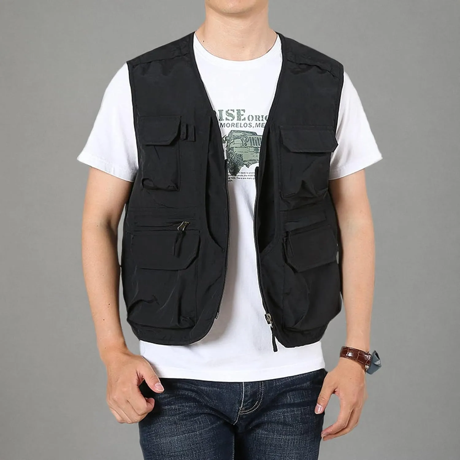 Perbai Men's Black Utility Fishing Vest Outdoor Summer Lightweight Work Photo Safari Cargo Vest