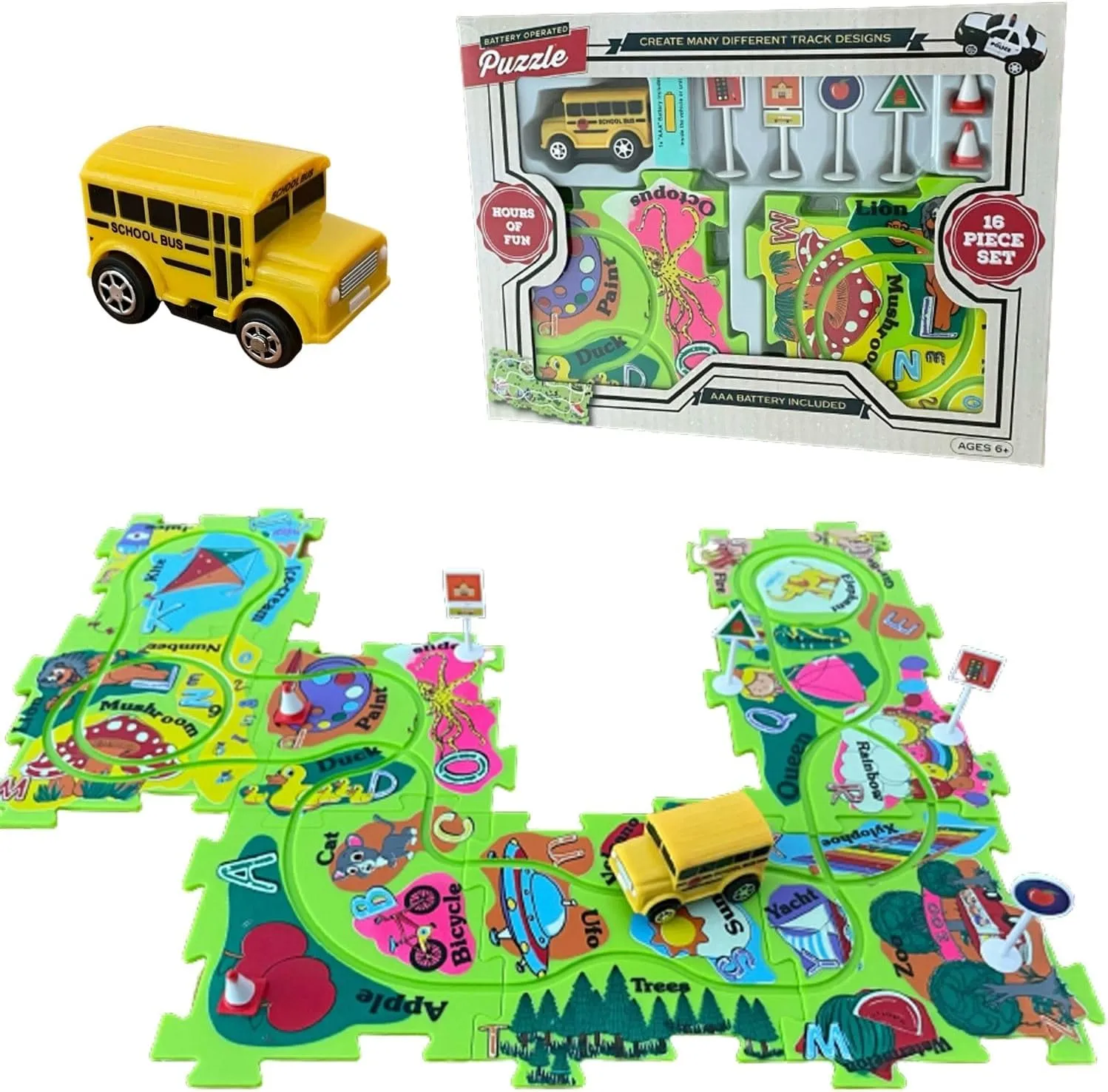 Perfect Life Idea School Bus Vehicle Puzzle Track Play Set - Battery Operated Toy Themed Style Vehicle Runs on Interchangeable Puzzle Tracks - Make up to 50 Track Combinations