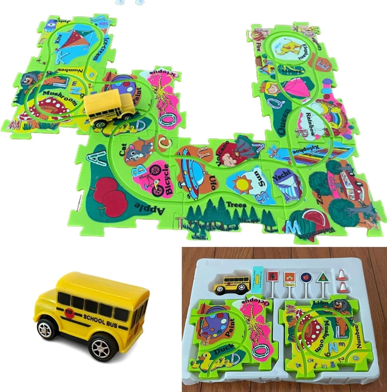 Perfect Life Idea School Bus Vehicle Puzzle Track Play Set - Battery Operated Toy Themed Style Vehicle Runs on Interchangeable Puzzle Tracks - Make up to 50 Track Combinations