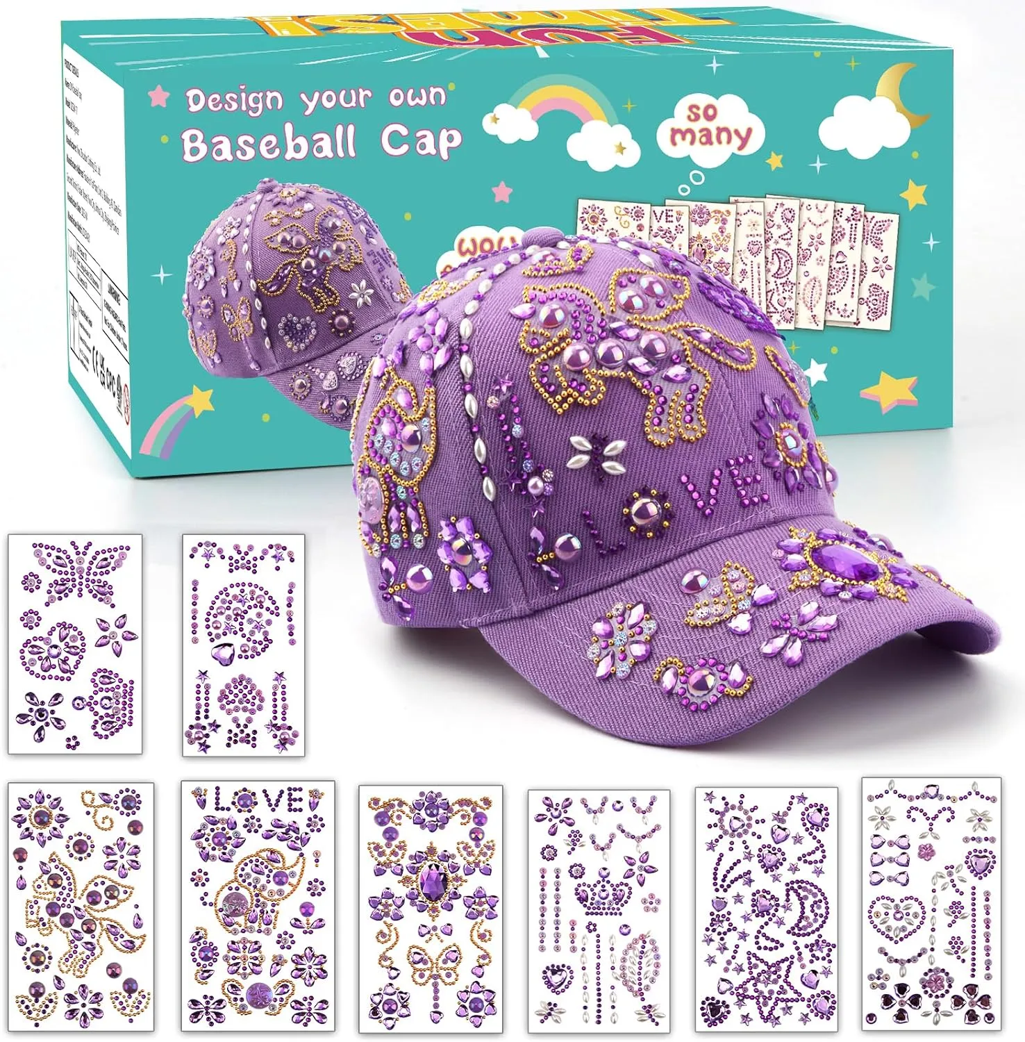 Perpetily Gifts for Girl 5 6 7 8 9 10 11 12 Year Old, Decorate Your Own Baseball Cap Crafts for Girls Ages 6-8-12, Arts and Crafts Kit for Kids 4-12 DIY Toys for Kids Girls Unicorn Stickers Gems