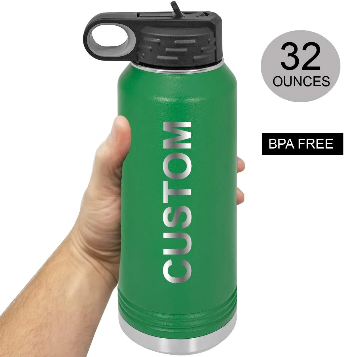 Personalized Add Your Name 32-Ounce Double Wall Insulated Stainless Steel Custom Sports Water Bottle with Flip Top Lid, Straw - Customizable