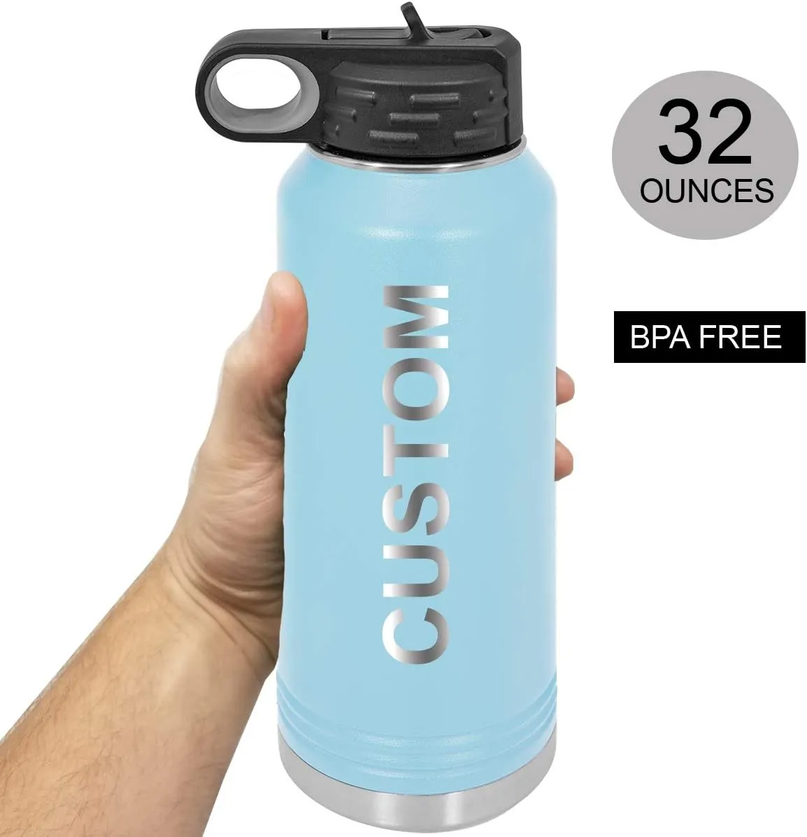 Personalized Add Your Name 32-Ounce Double Wall Insulated Stainless Steel Custom Sports Water Bottle with Flip Top Lid, Straw - Customizable