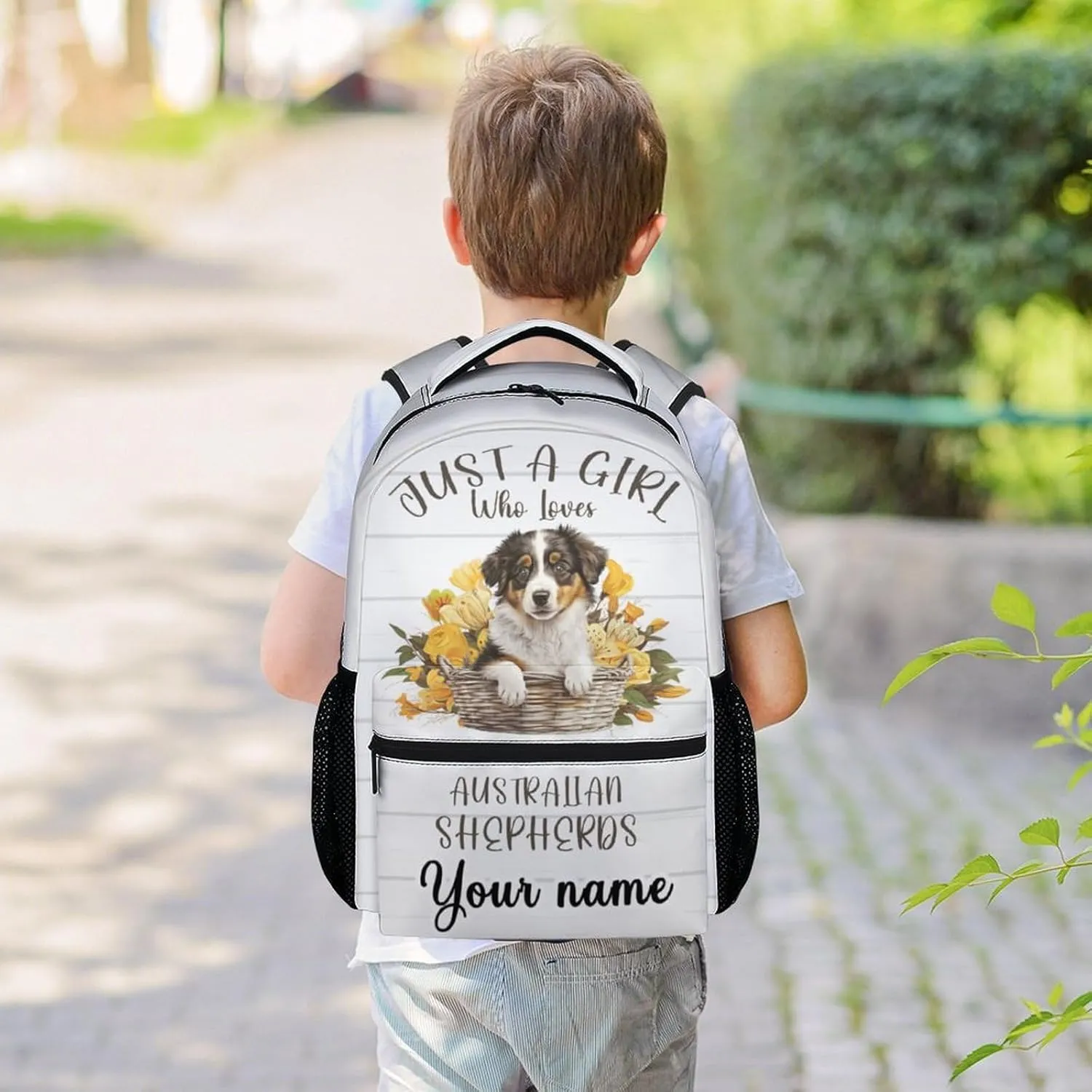 Personalized Australian Shepherd School Backpack for Kids, 16 Inch White Dog Backpacks for Girls Boys, Cute, Durable, Lightweight, Large Capacity Bookbag for Travel