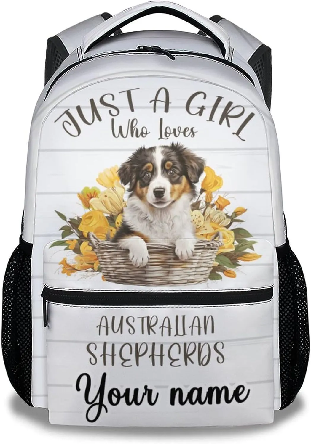 Personalized Australian Shepherd School Backpack for Kids, 16 Inch White Dog Backpacks for Girls Boys, Cute, Durable, Lightweight, Large Capacity Bookbag for Travel
