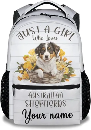Personalized Australian Shepherd School Backpack for Kids, 16 Inch White Dog Backpacks for Girls Boys, Cute, Durable, Lightweight, Large Capacity Bookbag for Travel