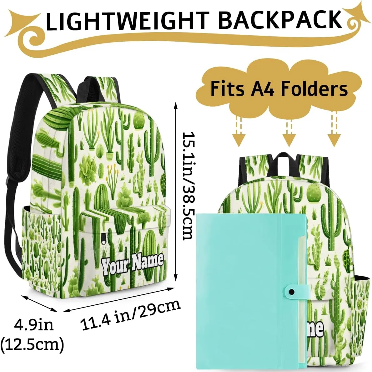 Personalized Cactus Preschool Toddler Backpack for Boys Girls Custom Kids Name Small Bookbags Kindergarten Elementary Backpack, Green Cactus