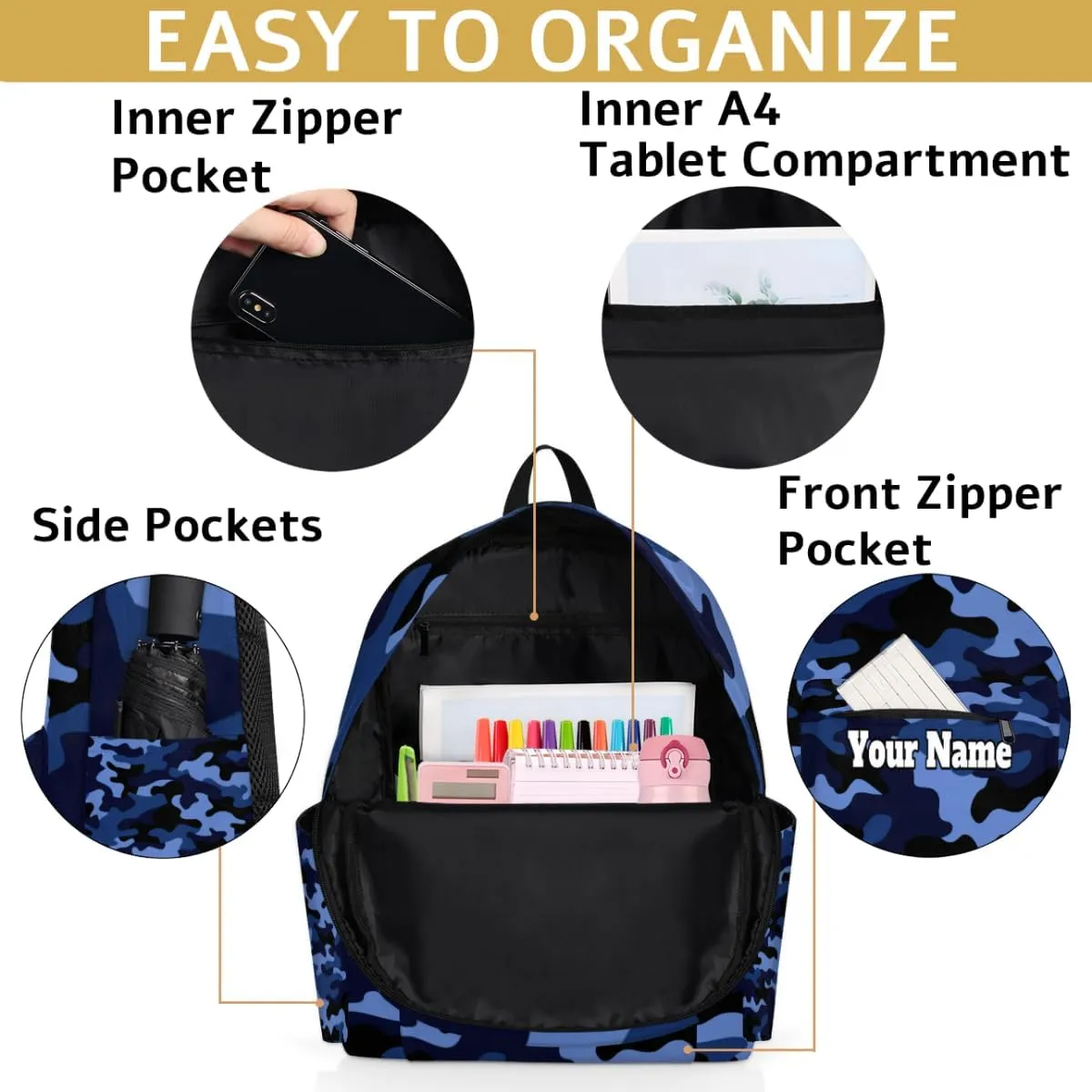 Personalized Camo Preschool Toddler Backpack for Boys Girls Custom Kids Name Small Bookbags Kindergarten Elementary Backpack, Blue Camo