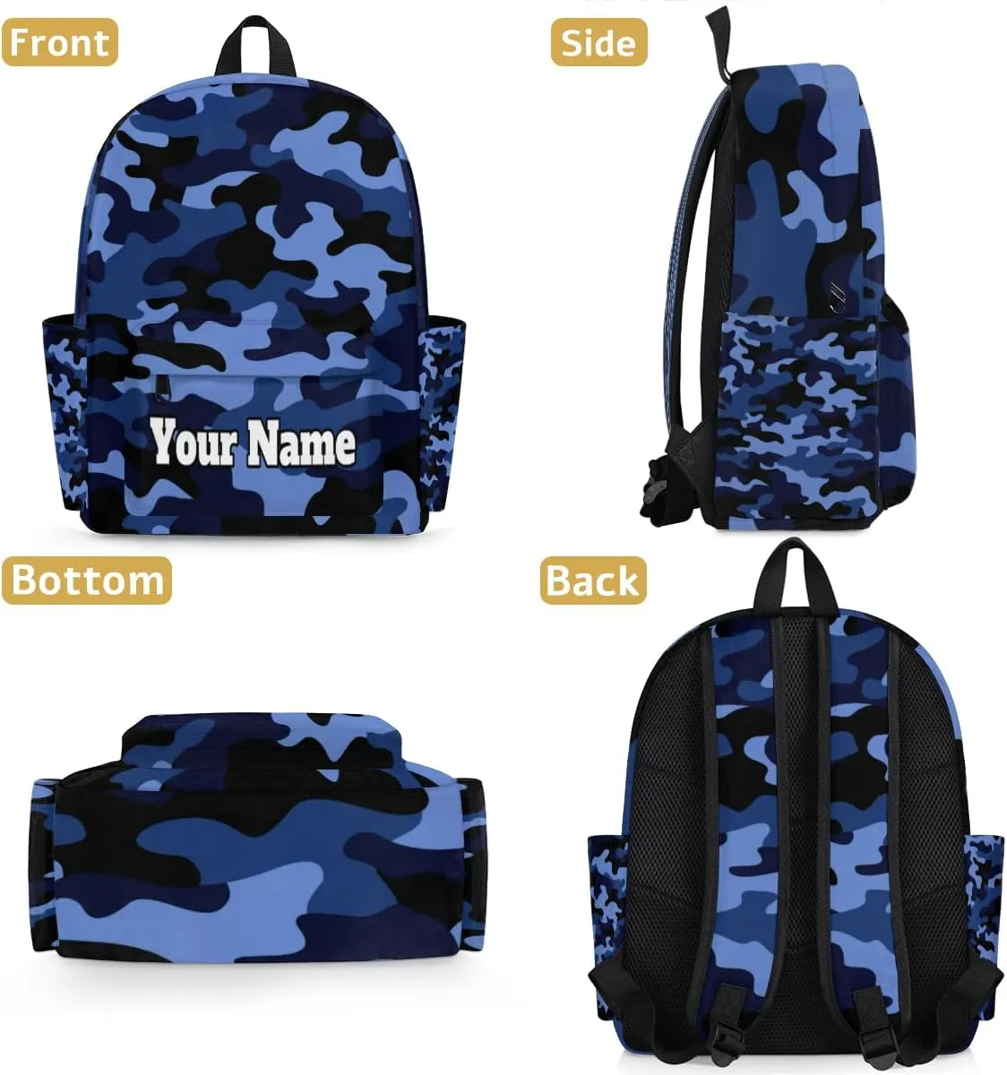 Personalized Camo Preschool Toddler Backpack for Boys Girls Custom Kids Name Small Bookbags Kindergarten Elementary Backpack, Blue Camo