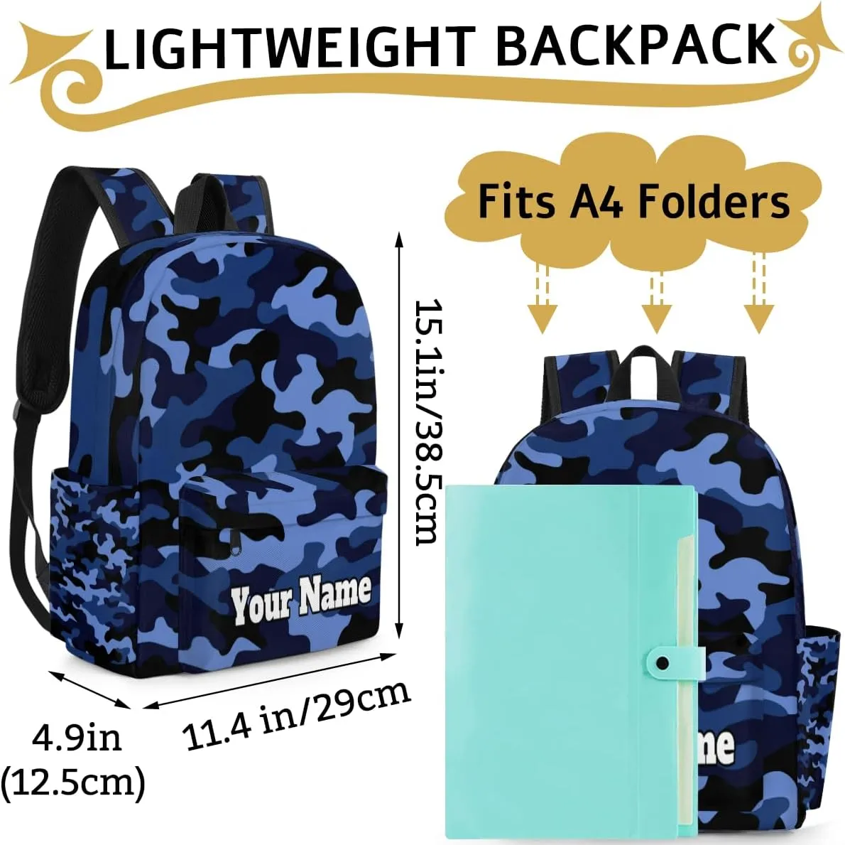 Personalized Camo Preschool Toddler Backpack for Boys Girls Custom Kids Name Small Bookbags Kindergarten Elementary Backpack, Blue Camo
