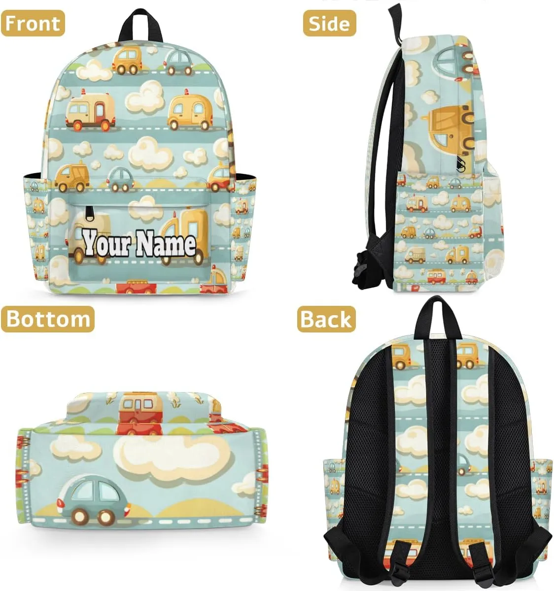 Personalized Cartoon Car Cute Preschool Toddler Backpack for Boys Girls Custom Kids Name Small Bookbags Kindergarten Elementary Backpack, Cartoon Transportation Car