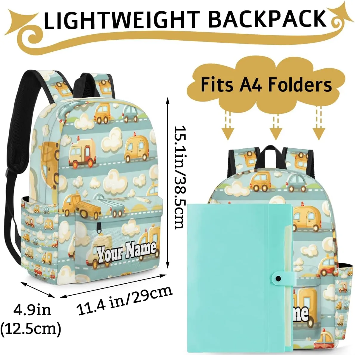 Personalized Cartoon Car Cute Preschool Toddler Backpack for Boys Girls Custom Kids Name Small Bookbags Kindergarten Elementary Backpack, Cartoon Transportation Car