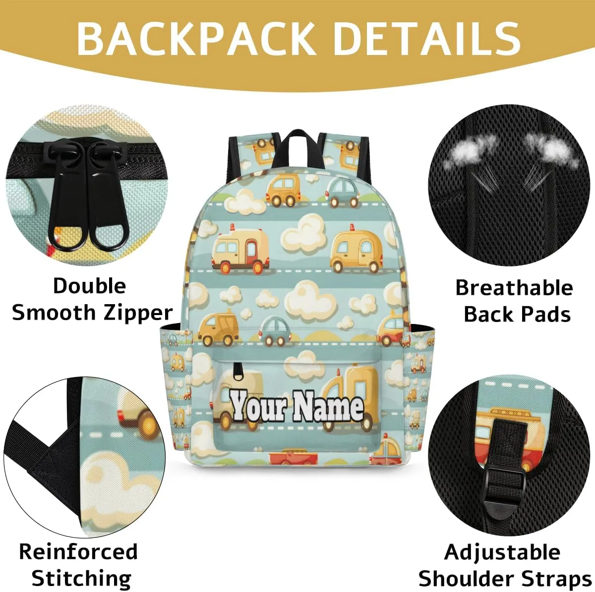 Personalized Cartoon Car Cute Preschool Toddler Backpack for Boys Girls Custom Kids Name Small Bookbags Kindergarten Elementary Backpack, Cartoon Transportation Car