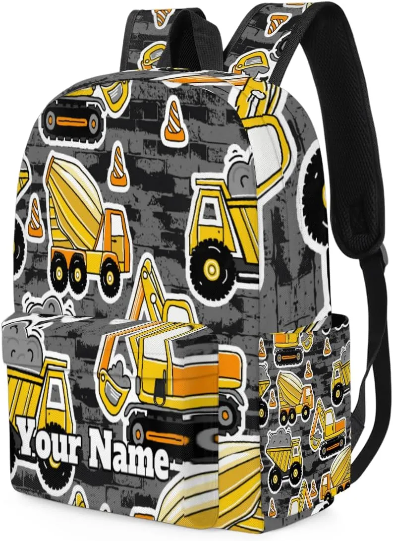 Personalized Cartoon Truck Preschool Toddler Backpack for Boys Girls Custom Kids Name Small Bookbags Kindergarten Elementary Backpack, Construction Cars