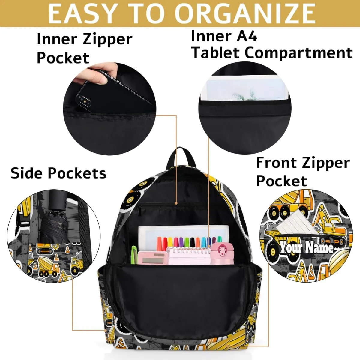 Personalized Cartoon Truck Preschool Toddler Backpack for Boys Girls Custom Kids Name Small Bookbags Kindergarten Elementary Backpack, Construction Cars