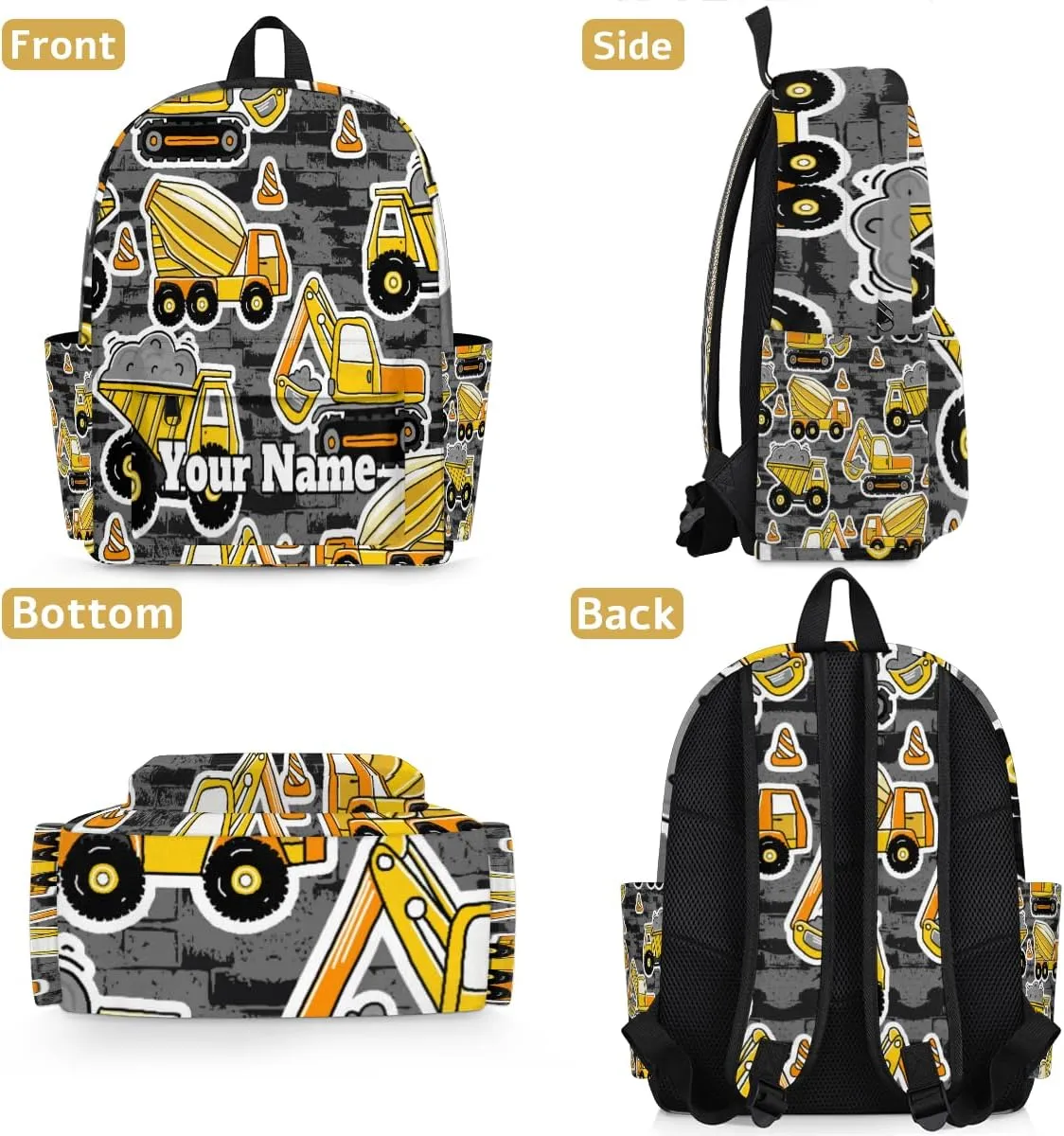 Personalized Cartoon Truck Preschool Toddler Backpack for Boys Girls Custom Kids Name Small Bookbags Kindergarten Elementary Backpack, Construction Cars