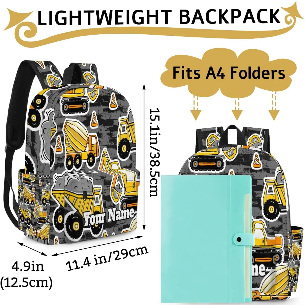 Personalized Cartoon Truck Preschool Toddler Backpack for Boys Girls Custom Kids Name Small Bookbags Kindergarten Elementary Backpack, Construction Cars