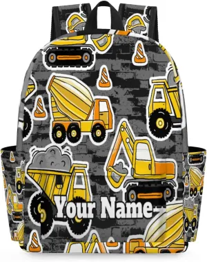 Personalized Cartoon Truck Preschool Toddler Backpack for Boys Girls Custom Kids Name Small Bookbags Kindergarten Elementary Backpack, Construction Cars