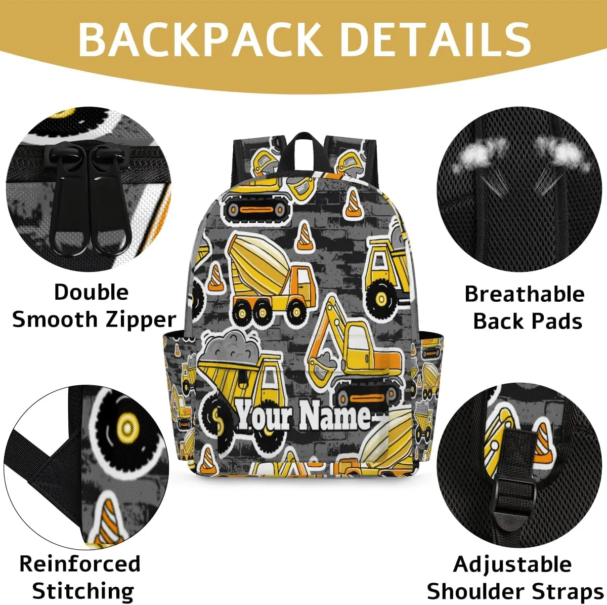 Personalized Cartoon Truck Preschool Toddler Backpack for Boys Girls Custom Kids Name Small Bookbags Kindergarten Elementary Backpack, Construction Cars