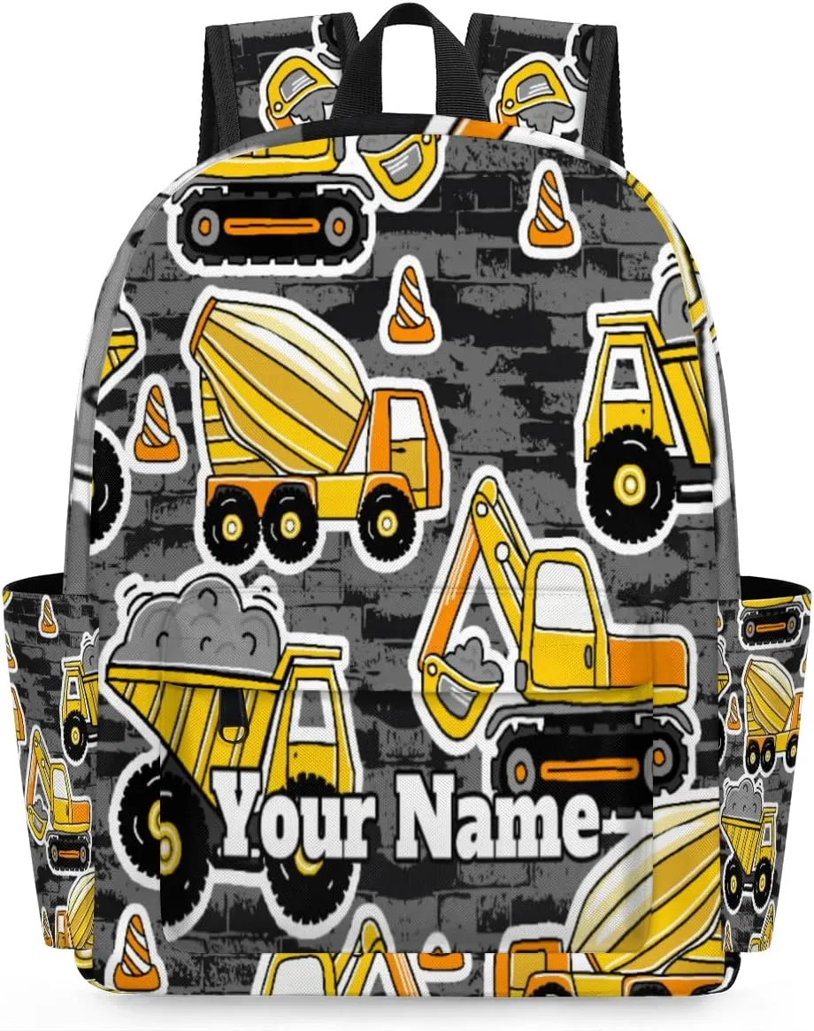 Personalized Cartoon Truck Preschool Toddler Backpack for Boys Girls Custom Kids Name Small Bookbags Kindergarten Elementary Backpack, Construction Cars