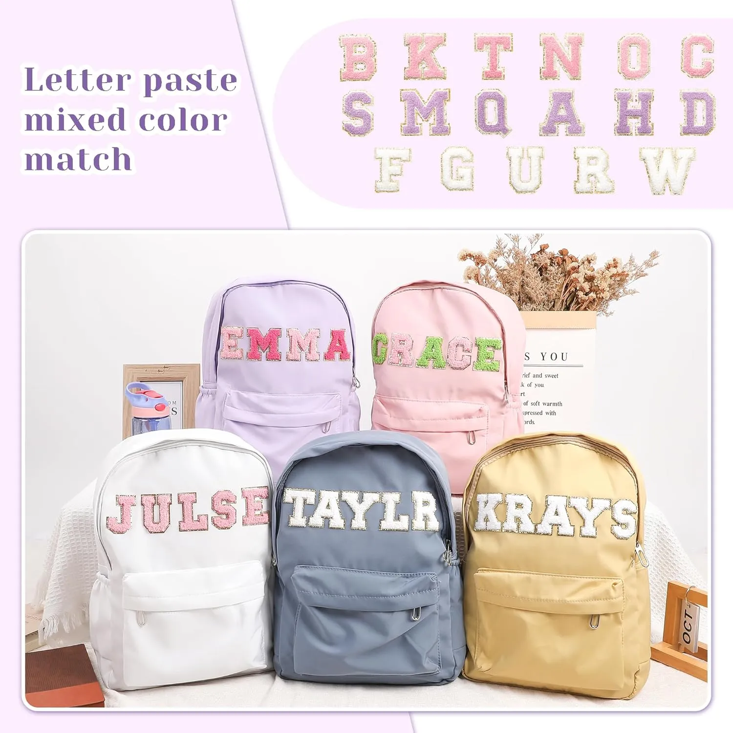 Personalized Chenille Letter Patch Toddler Backpack, Unisex, Pink, One Size, Modern, Water Resistant, Scratch Resistant, School Backpack