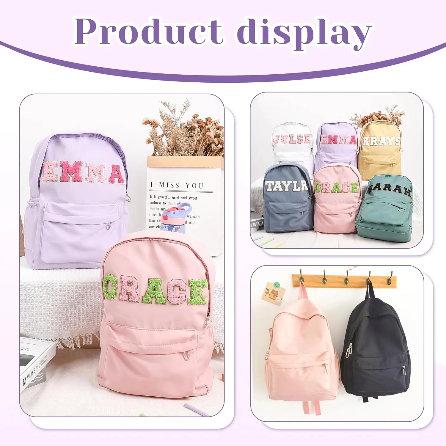 Personalized Chenille Letter Patch Toddler Backpack, Unisex, Pink, One Size, Modern, Water Resistant, Scratch Resistant, School Backpack