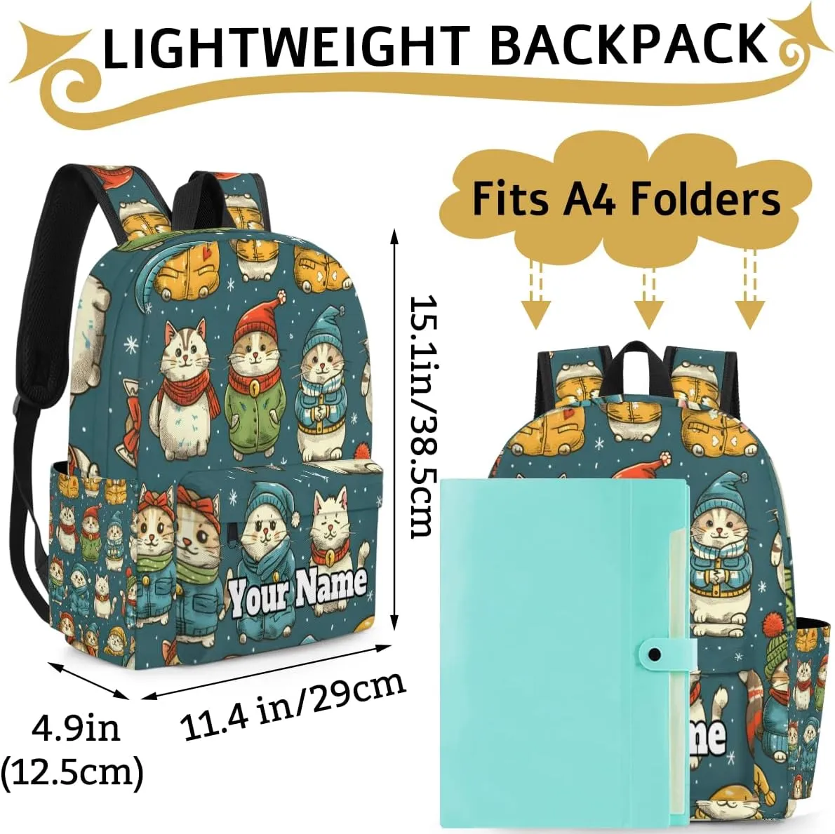 Personalized Christmas Winter Cat Preschool Toddler Backpack for Boys Girls Custom Kids Name Small Bookbags Kindergarten Elementary Backpack, Japanese Cat