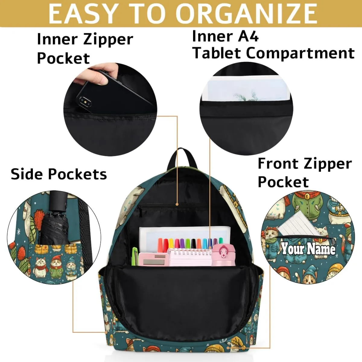 Personalized Christmas Winter Cat Preschool Toddler Backpack for Boys Girls Custom Kids Name Small Bookbags Kindergarten Elementary Backpack, Japanese Cat