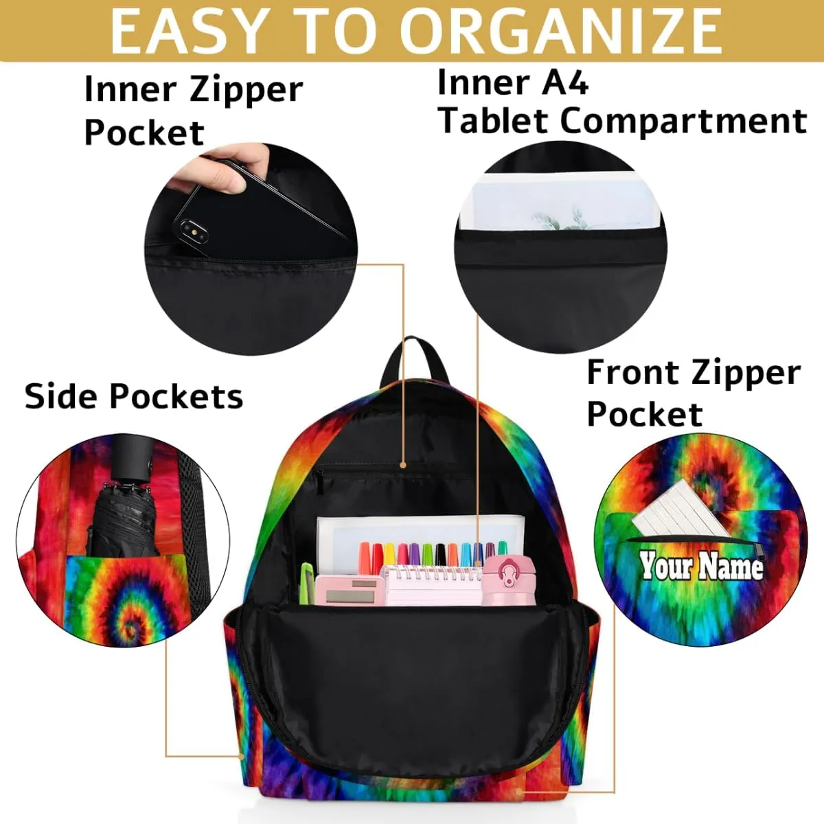 Personalized Colorful Tie Dye Preschool Toddler Backpack for Boys Girls Custom Kids Name Small Bookbags Kindergarten Elementary Backpack, Tie Dye Themed