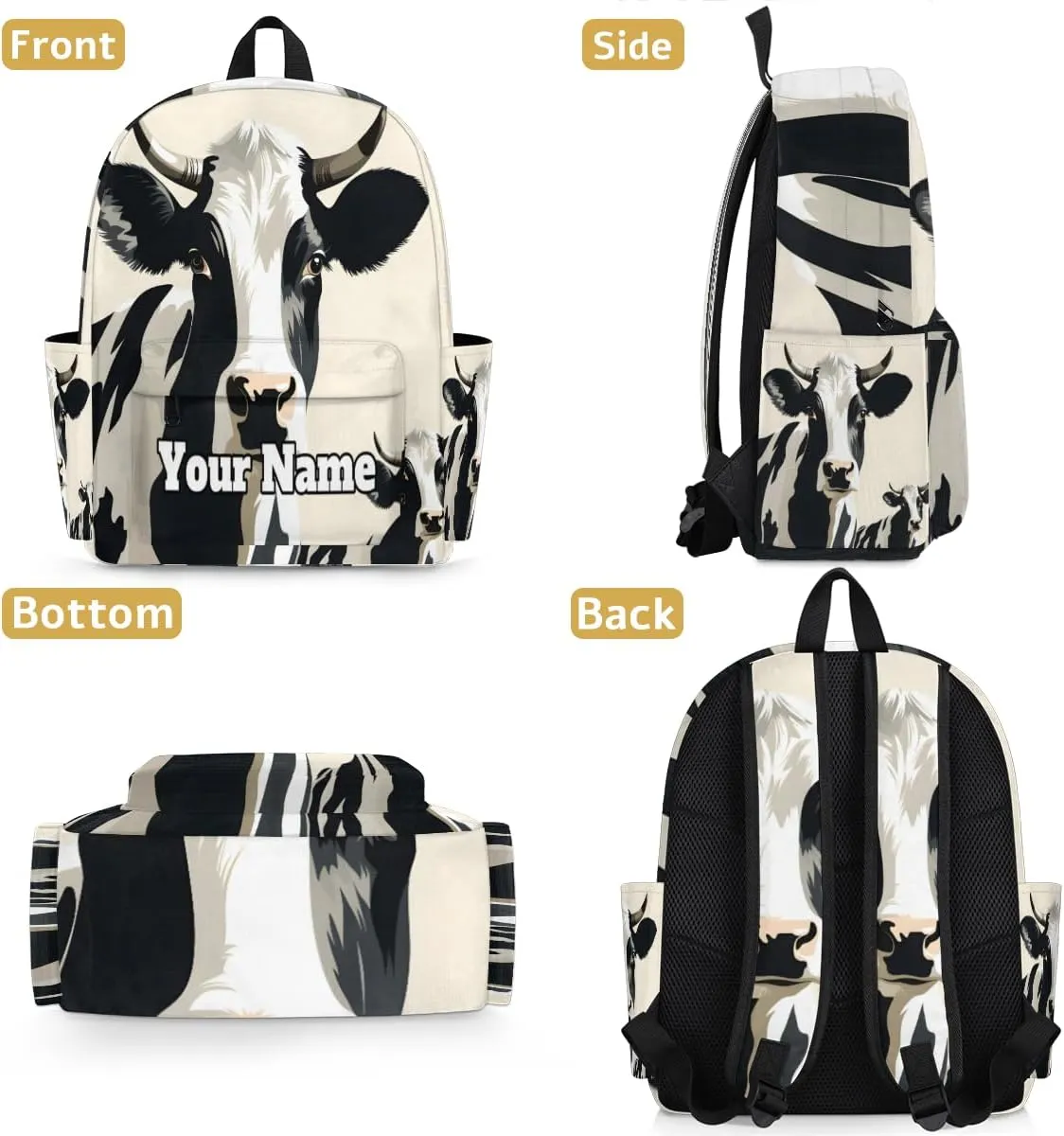 Personalized Cow Patten Preschool Toddler Backpack for Boys Girls Custom Kids Name Small Bookbags Kindergarten Elementary Backpack, Farm Animal