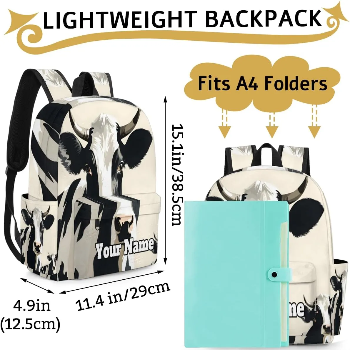 Personalized Cow Patten Preschool Toddler Backpack for Boys Girls Custom Kids Name Small Bookbags Kindergarten Elementary Backpack, Farm Animal