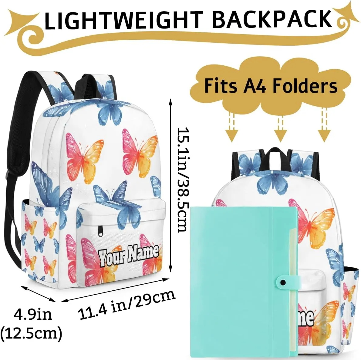 Personalized Cute Butterfly Preschool Toddler Backpack for Boys Girls Custom Kids Name Small Bookbags Kindergarten Elementary Backpack, Colorful Butterfly