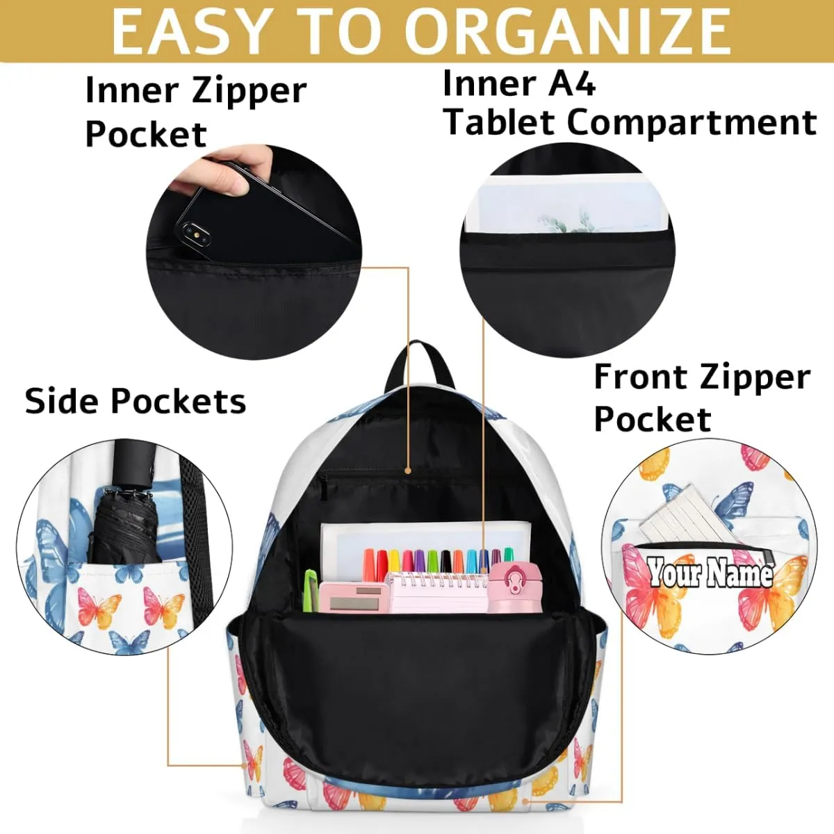Personalized Cute Butterfly Preschool Toddler Backpack for Boys Girls Custom Kids Name Small Bookbags Kindergarten Elementary Backpack, Colorful Butterfly