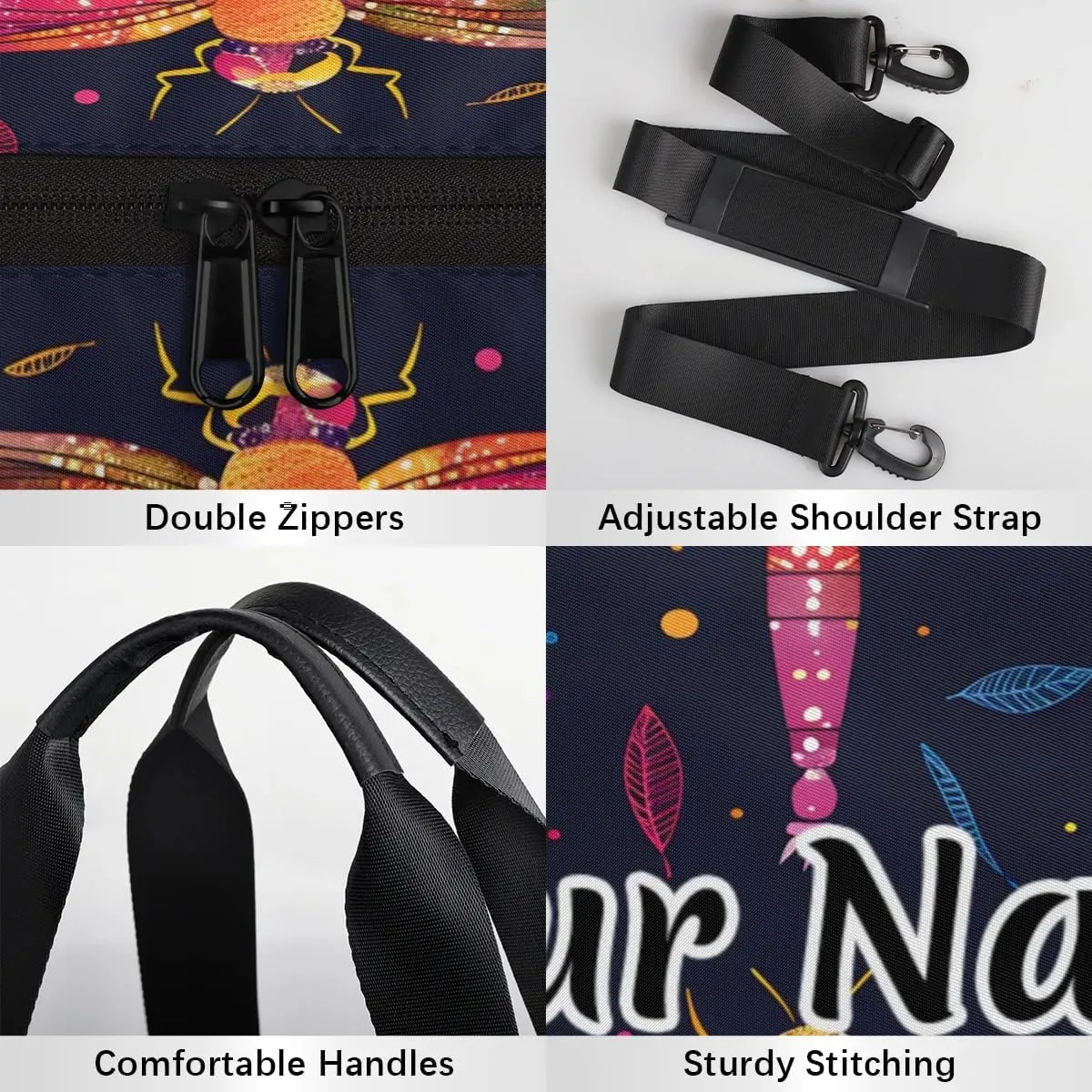 Personalized Duffel Bag for Women, Custom Dragonfly Gym Bag for Sports, Waterproof Dance Bag with Name, Lightweight Carryon Gym Bag, Dragonfly Retro