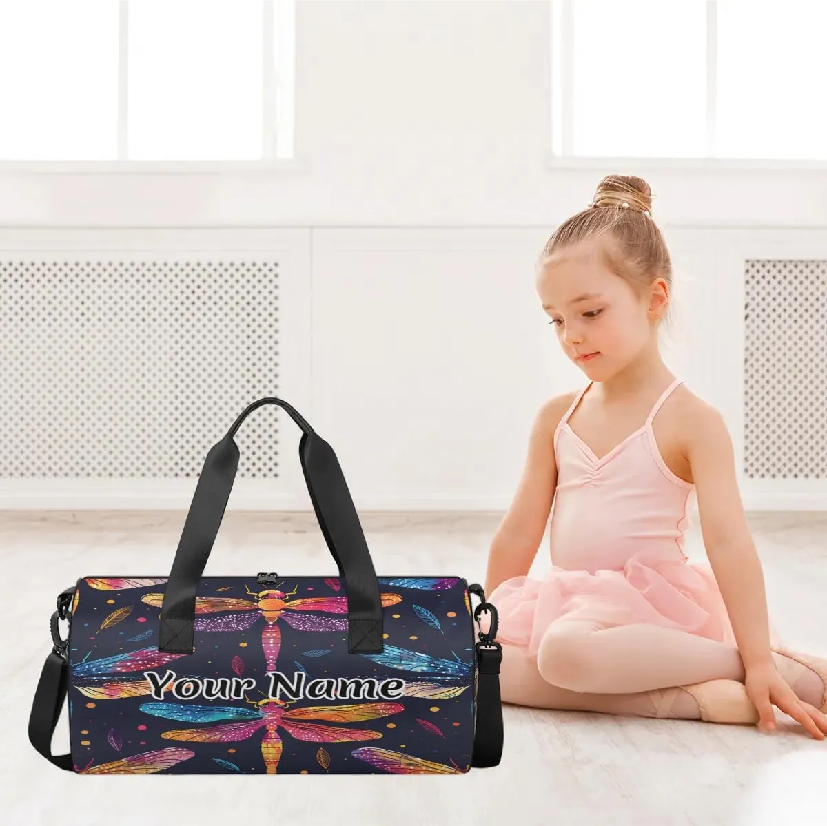 Personalized Duffel Bag for Women, Custom Dragonfly Gym Bag for Sports, Waterproof Dance Bag with Name, Lightweight Carryon Gym Bag, Dragonfly Retro