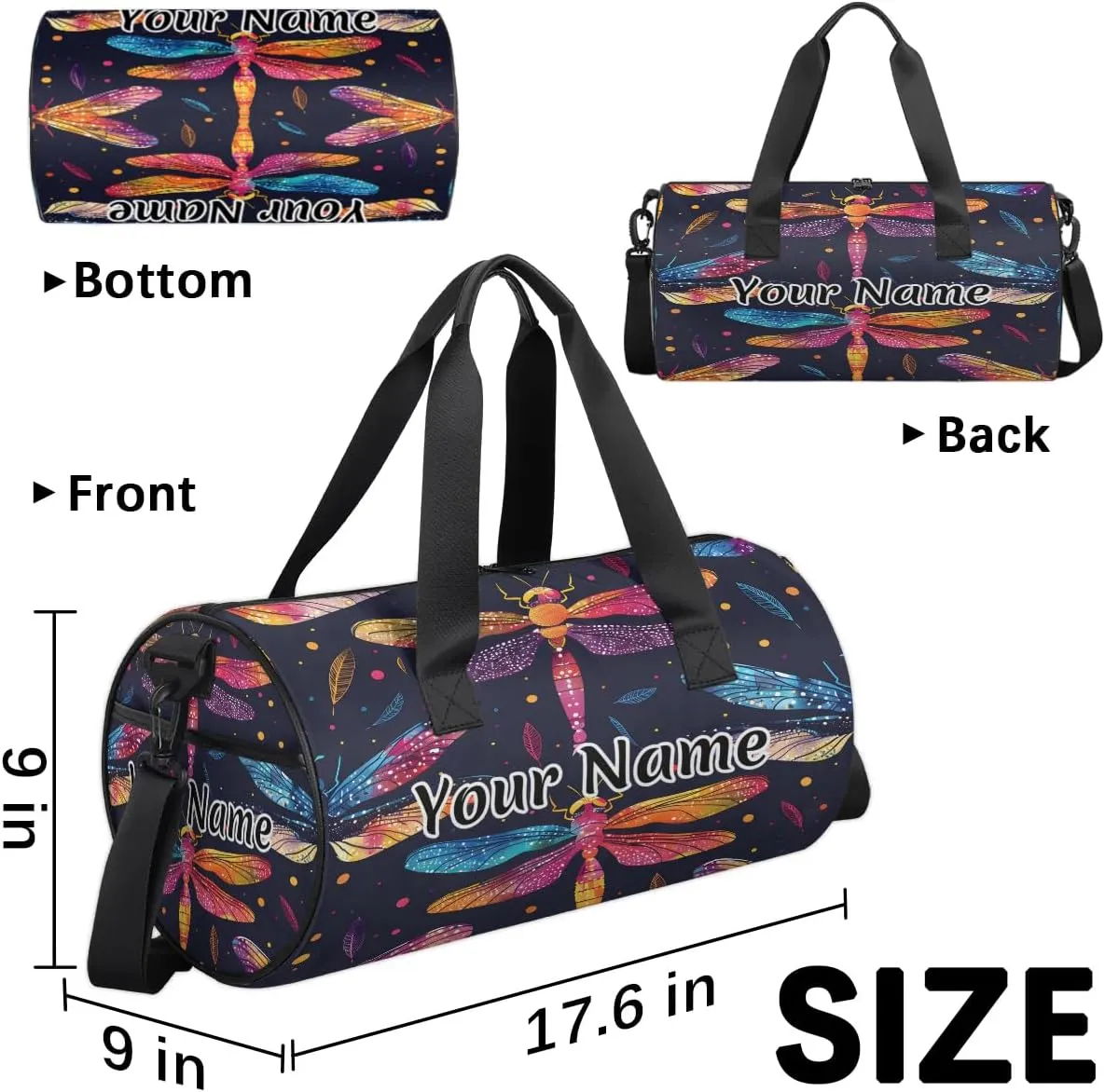 Personalized Duffel Bag for Women, Custom Dragonfly Gym Bag for Sports, Waterproof Dance Bag with Name, Lightweight Carryon Gym Bag, Dragonfly Retro