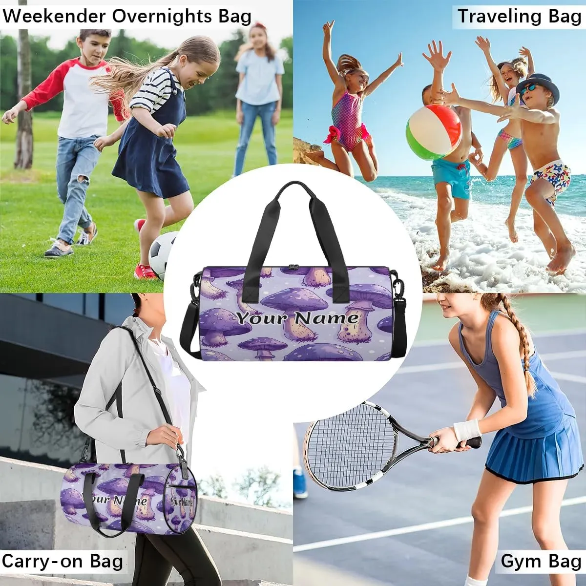 Personalized Duffel Bag for Women, Custom Fantasy Mushroom Gym Bag for Sports, Waterproof Dance Bag with Name, Lightweight Carryon Gym Bag, Mushrooms