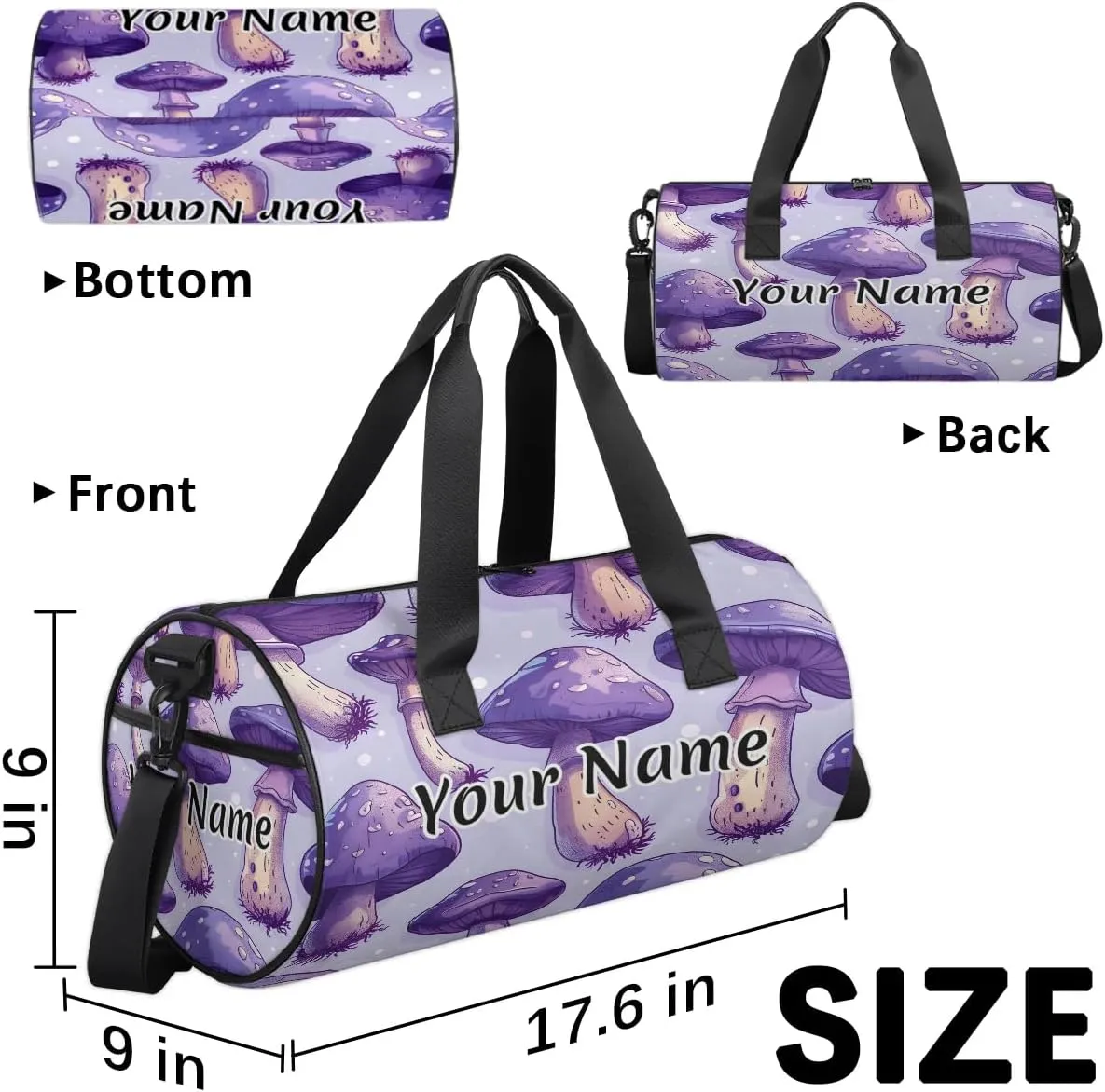 Personalized Duffel Bag for Women, Custom Fantasy Mushroom Gym Bag for Sports, Waterproof Dance Bag with Name, Lightweight Carryon Gym Bag, Mushrooms