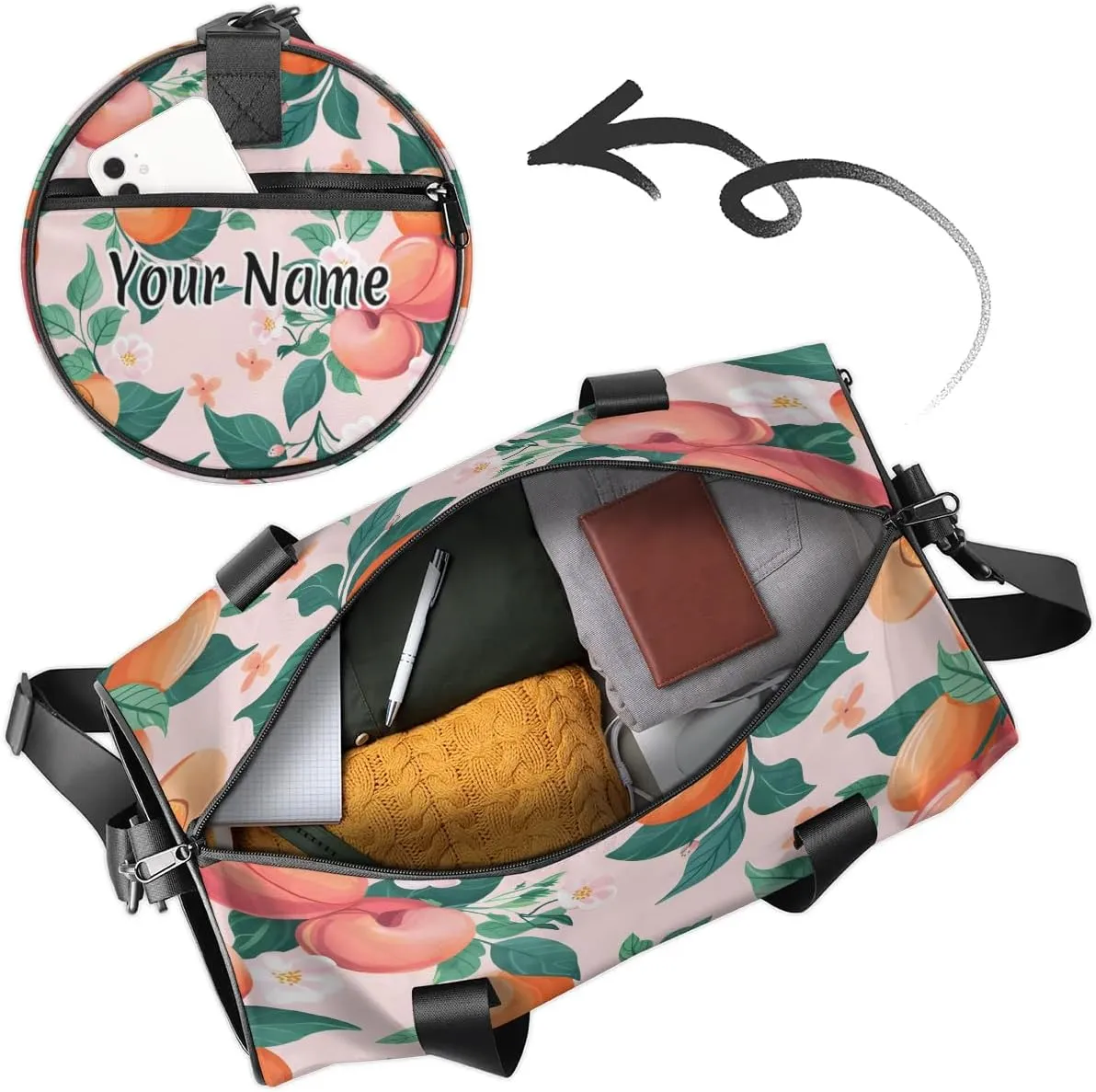 Personalized Duffel Bag for Women, Custom Fruits Peaches Gym Bag for Sports, Waterproof Dance Bag with Name, Lightweight Carryon Gym Bag, Peach Flower