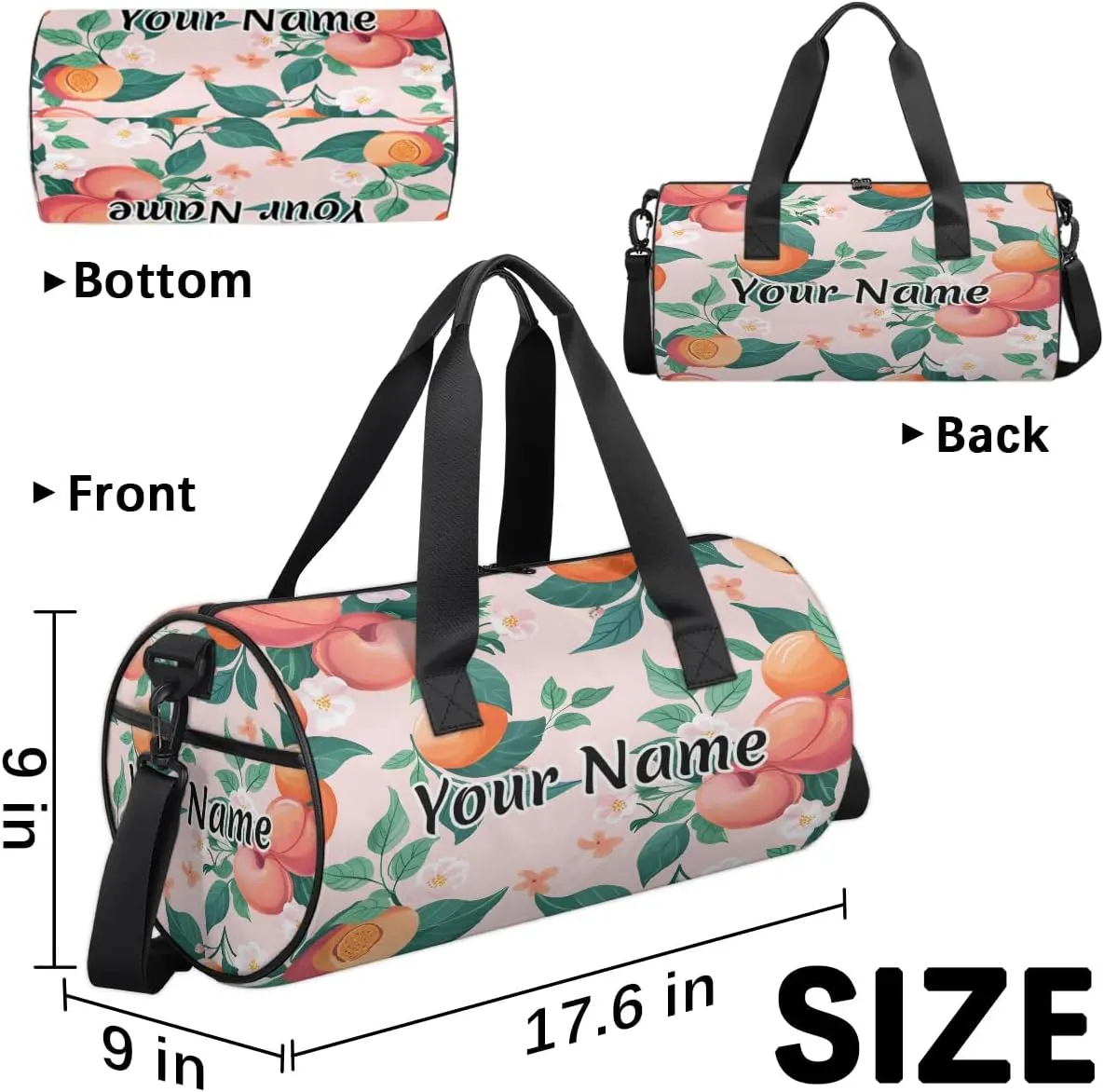 Personalized Duffel Bag for Women, Custom Fruits Peaches Gym Bag for Sports, Waterproof Dance Bag with Name, Lightweight Carryon Gym Bag, Peach Flower